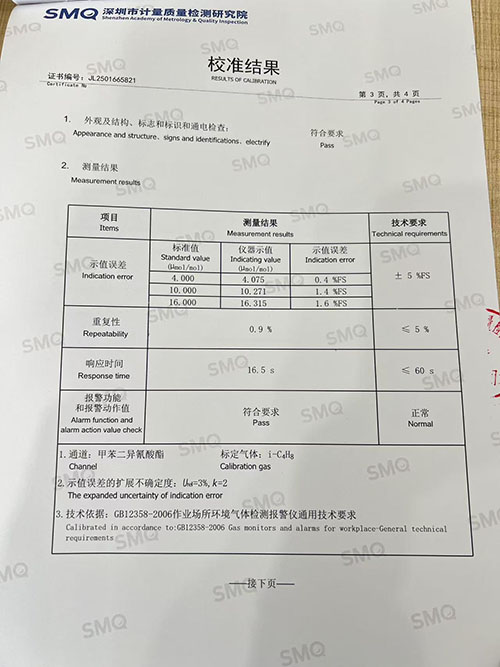 甲苯二異氰酸酯TDI檢測儀校準(zhǔn)證書